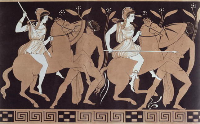 Men in combat with Amazons mounted on horseback, after an antique Greek vase (colour litho) from French School, (19th century)