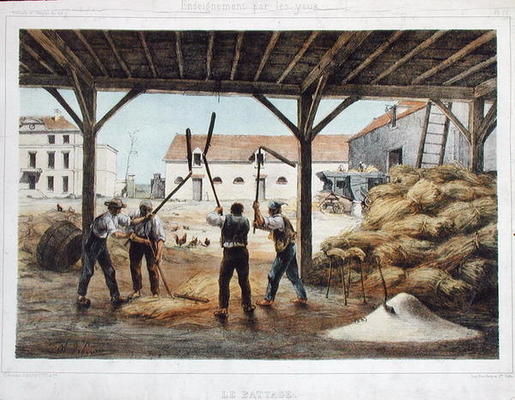 Threshing corn, illustration from a school textbook 'Enseignement par les yeux', 2nd half 19th centu from French School, (19th century)