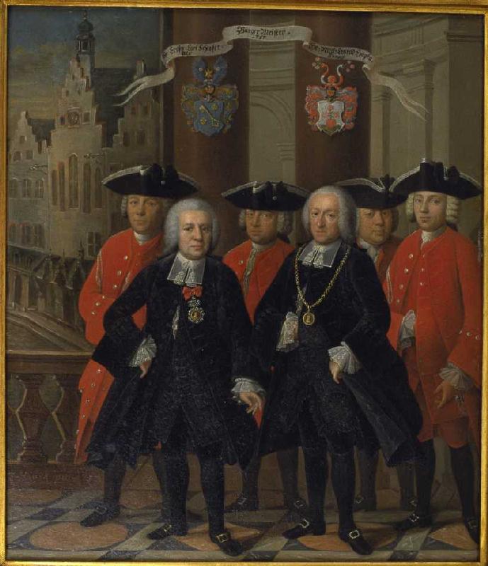 Gruppenporträt mit den beiden Frankfurter Bürgermeistern Carl Schlosser und Nicolaus Konrad Hupka from Friedrich Ludwig Hauck