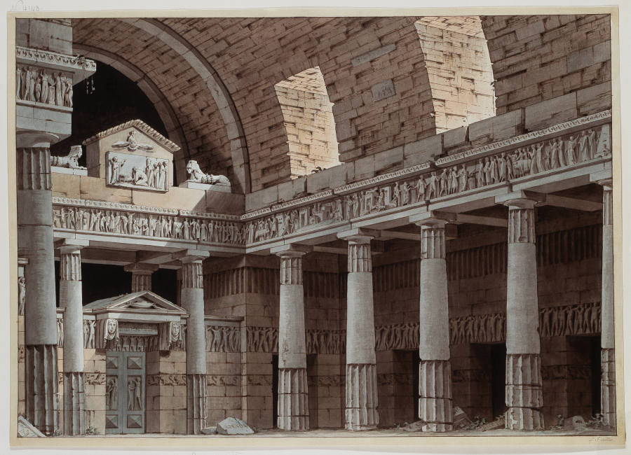 Dorische Säulenhalle mit Rundbogengewölbe und einem Portal mit zwei Sphingen from Giorgio Fuentes