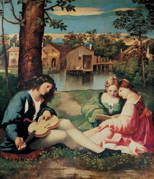 Youth with a guitar and two girls sitting on a river bank from Giorgione (eigentl. Giorgio Barbarelli oder da Castelfranco)