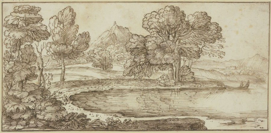 Baumpartie am Wasser, rechts Kahn mit zwei Figuren from Giovanni Francesco Grimaldi