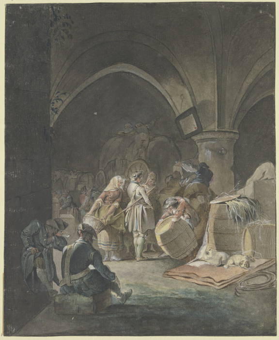 Soldaten und Marketenderinnen in einem Gewölbe mit Fässern und Kisten from Gottlieb Welté
