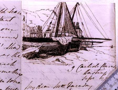 RI MS F1 I160 Vignette of fishing boats at Hastings, a sketch in a letter to Michael Faraday (1791-1 from Harriet Jane Moore
