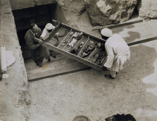 A tray of chariot parts being removed from the Tomb of Tutankhamun, Valley of the Kings, 1922 (gelat from Harry Burton
