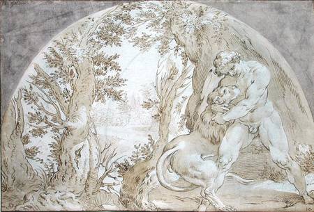 Hercules and the Nemean Lion (pen & ink on paper) from Hendrick Goltzius