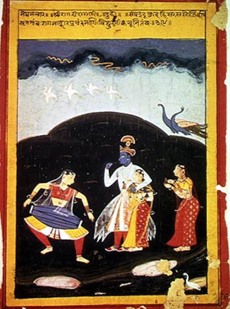 Krishna and Radha in the rain with two musicians, Rajasthan from Indian School