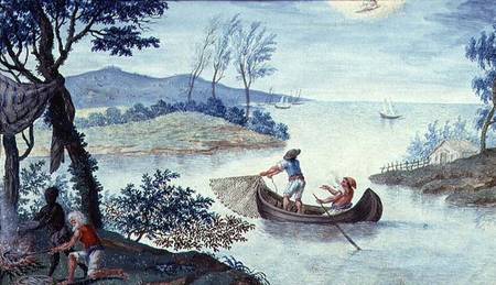 Fishing scene depicting the month of July, one of a series of twelve from Scuola pittorica italiana