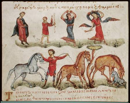 Ms Grec 479 Horse Trainers, illustration from the Halieutica or the Cynegetica by Oppian from Scuola pittorica italiana