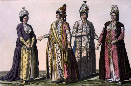 Three women in (LtoR) winter, spring and summer fashions and one in fashion for pregnancy, plate 59 from Scuola pittorica italiana