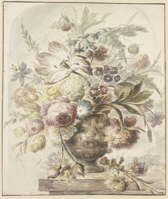 Blumenstrauß in einer Vase mit Basrelief, links hängen zwei Rosenknospen herab from J. H. van Loon