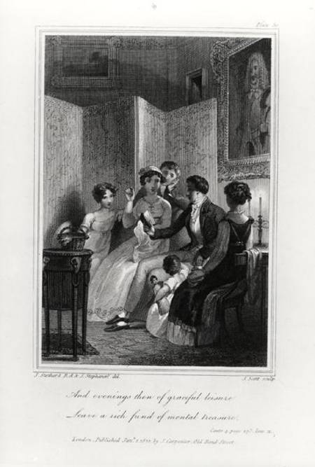 Family Scene - Evening in the Drawing Room, from 'The Social Day' by Peter Coxe, engraved by J. Scot from J. Stothard