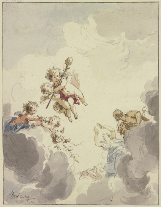 Amoretten mit einem Thyrsusstab und Bacchanten in Wolken from Jacob de Wit