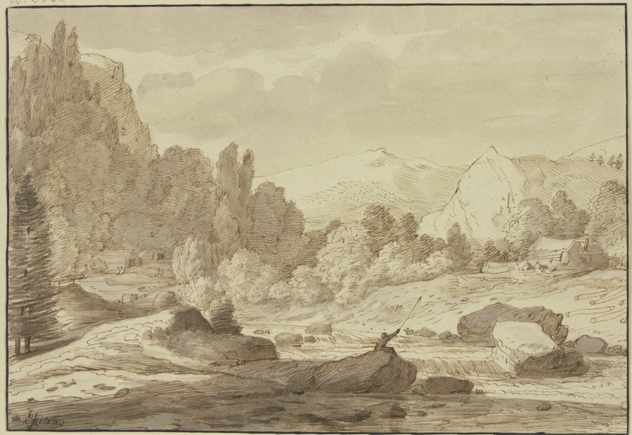 Gebirgslandschaft mit einem Waldbach, an welchem ein Angler sitzt from Jacob Esselens