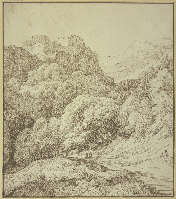 Links auf hohen Felsen ein Schloß, unten ein Weg unter Baumgruppen weggehend mit zwei Figuren from Jacob Isaacsz. van Swanenburg