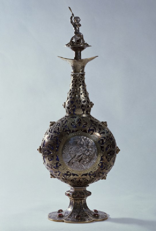 Silver and blue glass flask mounted with garnets, niello and partially gilded, ca 1851, made by Fran from Jacques Froment-Meurice
