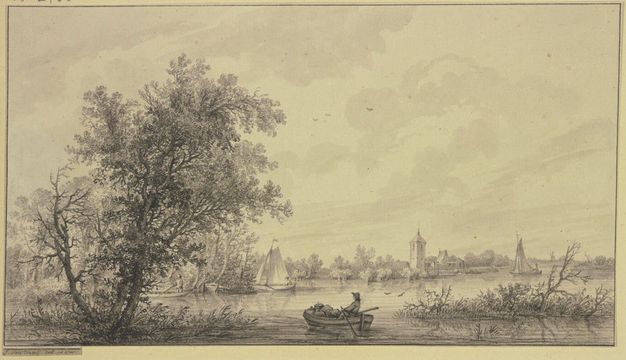 An einem von Bäumen begrenzten Fluß ein Dorf mit Turm, mehrere Segel- und Ruderboote from Jakob Versteegs
