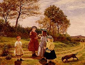 Drei Mädchen in einer Sommerlandschaft beim Blumentauschen from James Archer