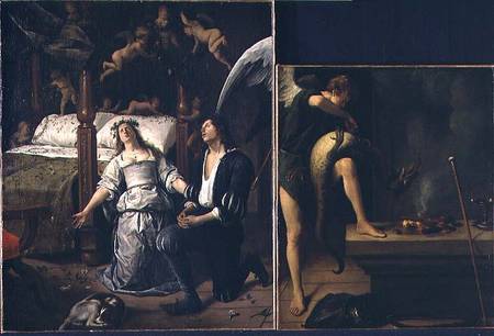 Tobias and Sarah with the Archangel Raphael exorcising the demon Asmodeus, reassembled from two sepa from Jan Steen