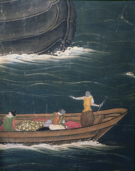 The Arrival of the Portuguese in Japan, detail of small ship with cargo, from a Namban Byobu screen, from Japanese School