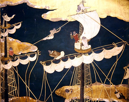 The Arrival of the Portuguese in Japan, detail of ship''s mast and crow''s nest, from a Namban Byobu from Japanese School