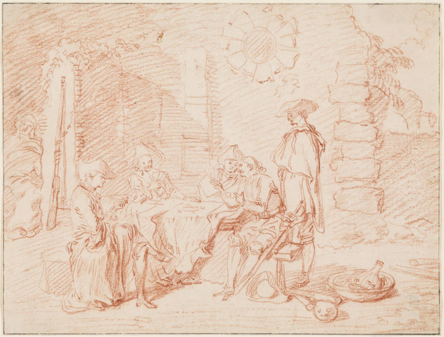 Karten spielende Soldaten vor einem Gemäuer from Jean-Antoine Watteau