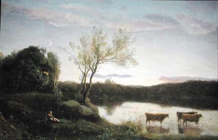 A Pond with three Cows and a Crescent Moon from Jean-Babtiste-Camille Corot