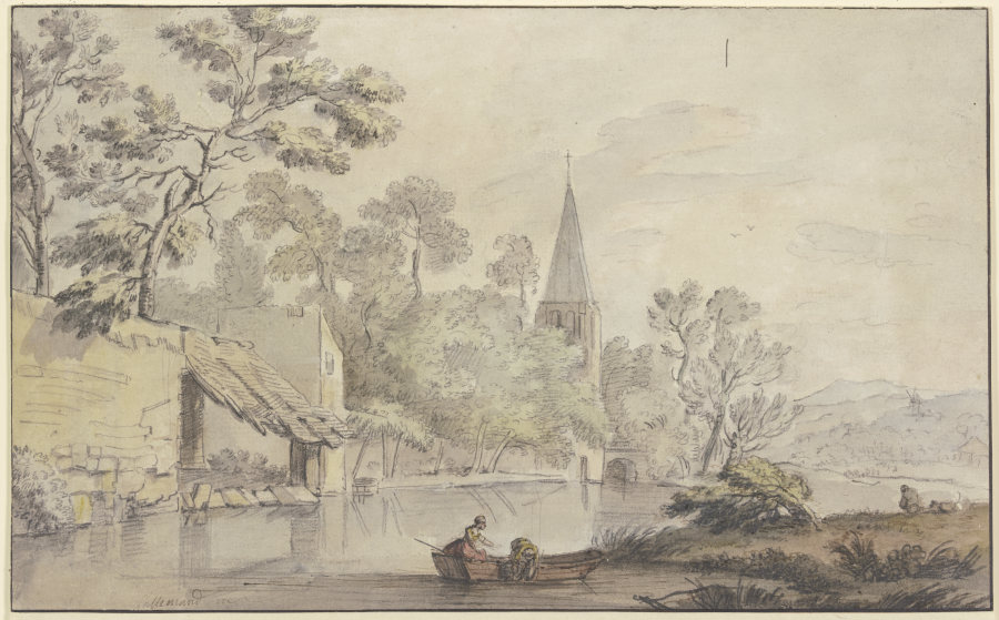 Kirchturm und einige Gebäude an einem Wasser, vorne zwei Frauen in einem Kahn from Jean-Baptiste Lallemand