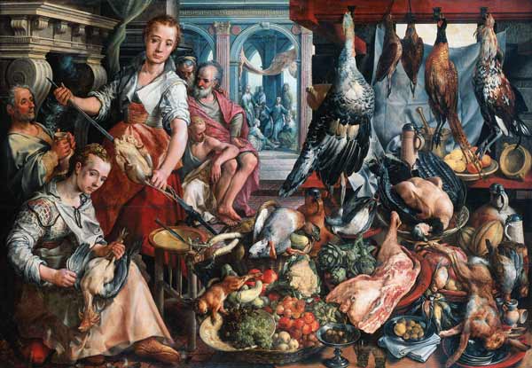 The well-stocked kitchen, with Jesus in the house of Martha and Mary in the background from Joachim Beuckelaer