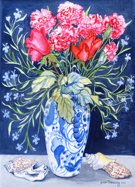 Roses, Carnations and Lobelia in a Blue and White Vase,3 Shells Textiles from Joan  Thewsey
