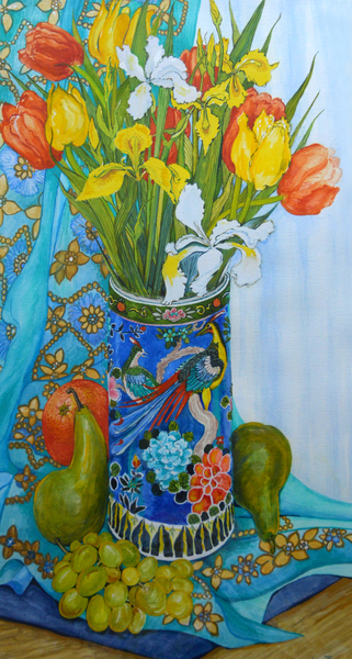 Tulips and Iris in a Japanese Vase, with fruit and textiles from Joan  Thewsey