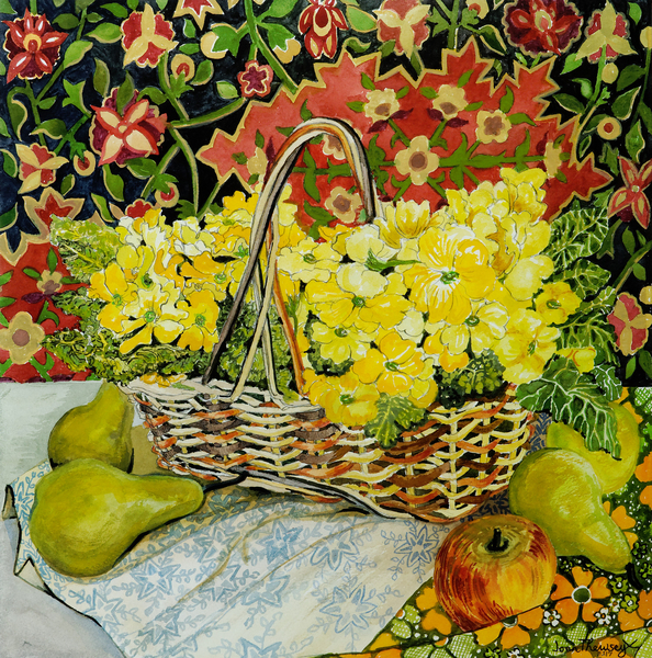 Yellow Primroses in a Basket,with Fruit and Textiles from Joan  Thewsey