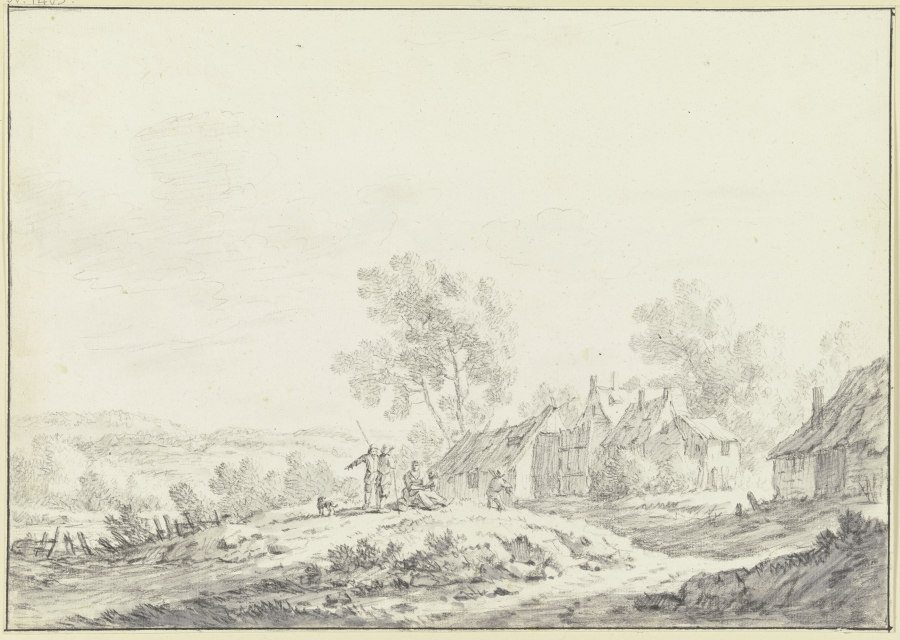 Häuser eines Dorfes in einer hügeligen Landschaft, von links führt ein Weg mit einer Gruppe von Pers from Johann Christoph Dietzsch