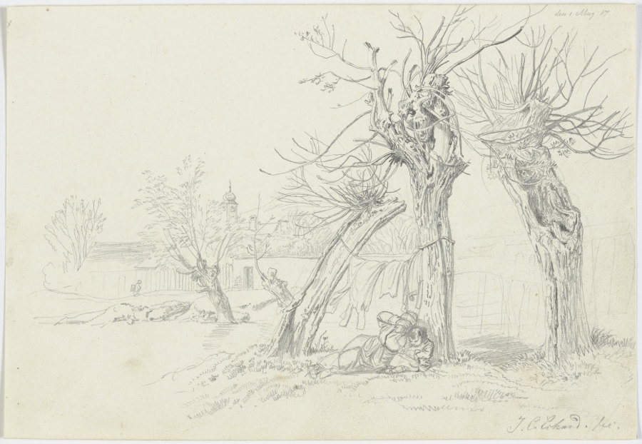 Unter Weidenbäumen wird Wäsche getrocknet, darunter liegt eine Frau mit Kinde, hinten ein Dorf from Johann Christoph Erhard