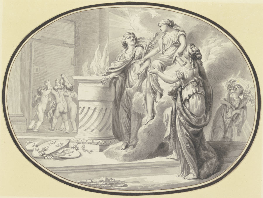 Eine Vestalin zwischen zwei Gefährtinnen vor einem Altar von einer Wolke herabsteigend, im Hintergru from Johann Eleazar Schenau