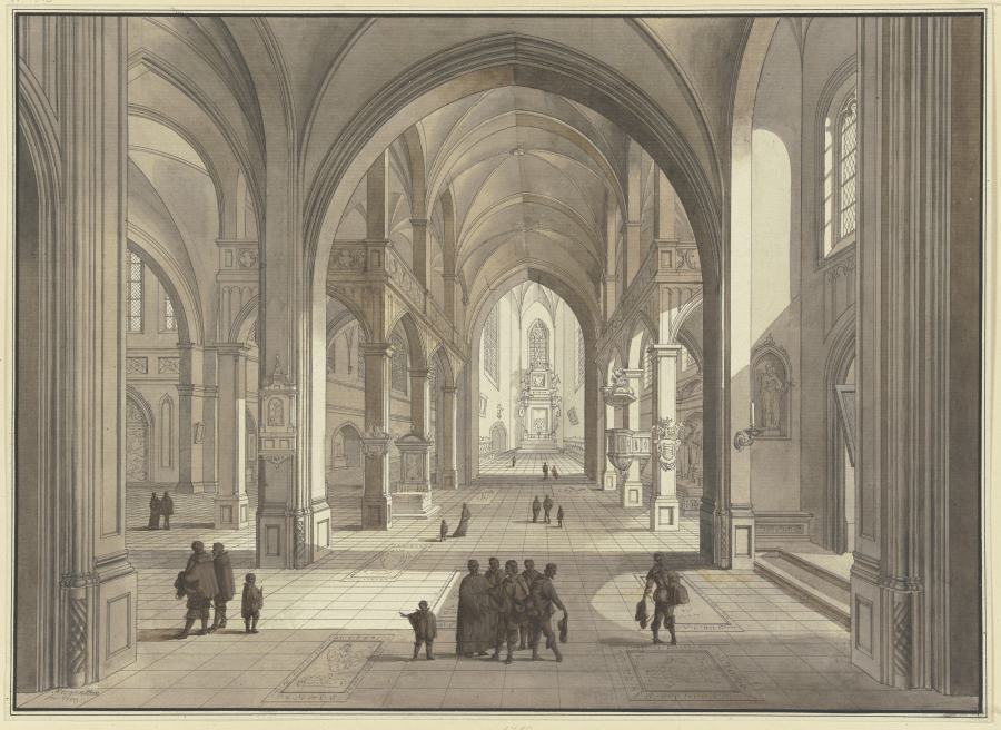 Blick in den Chor einer dreischiffigen gotischen Kirche, im Vordergrund Figurengruppen in der Tracht from Johann Ludwig Ernst Morgenstern