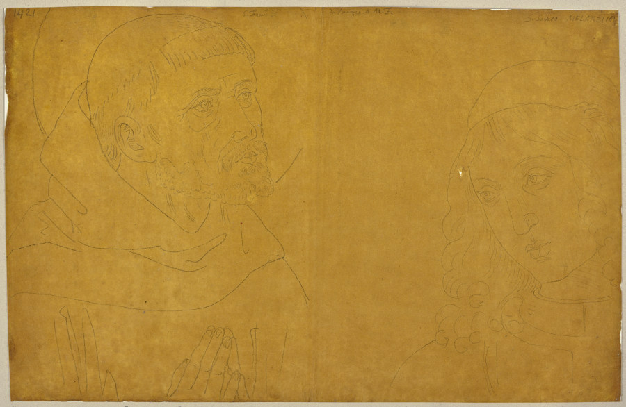 Links Franz von Assisi, Detail aus einem Fresko von Benozzo Gozzoli in San Fortunato in Montefalco,  from Johann Ramboux