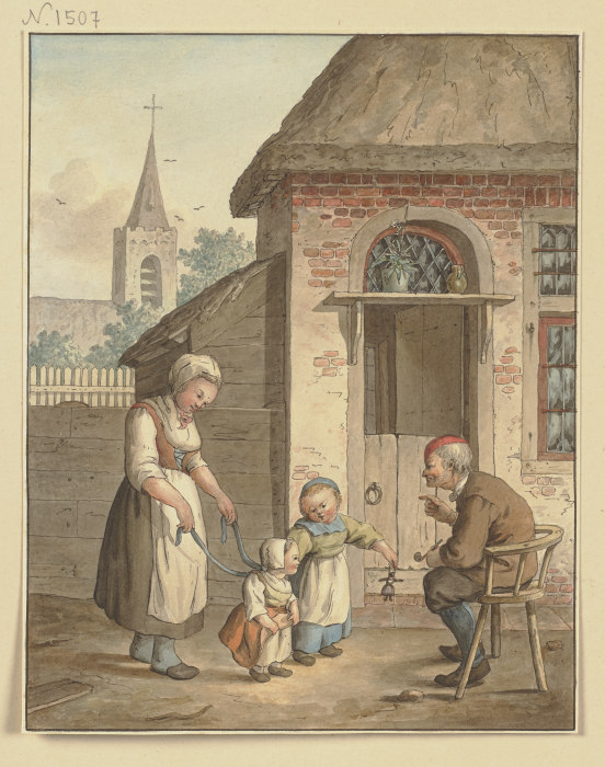 Vor der Haustür sitzt ein alter Mann, dabei eine Magd und zwei Kinder from Johann Friedrich Morgenstern