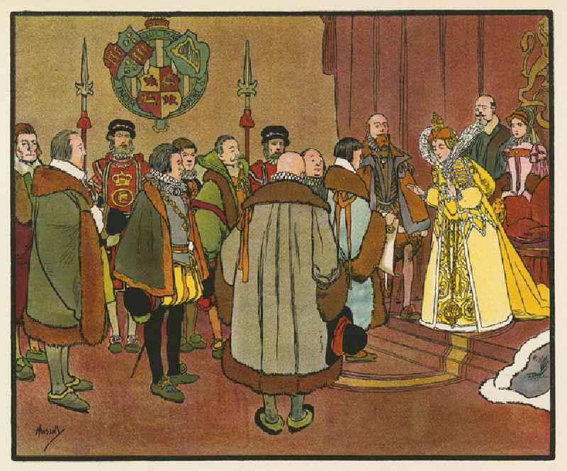 Elizabeth I refuses the Crown of the Netherlands (colour litho) from John Hassall