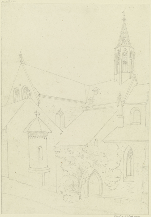 Ansicht einer Kirche mit gotischem Glockentürmchen, links ein Haus mit rundem Erker, auf dem Giebel  from Karl Ballenberger