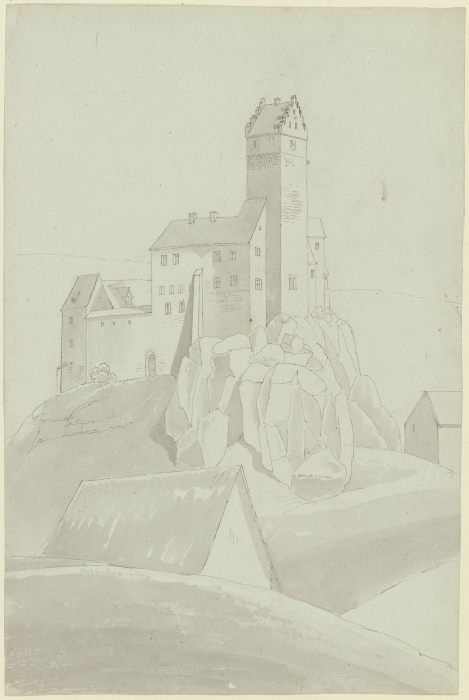 Schloß mit viereckigem Turm auf Felsen stehend from Karl Ballenberger