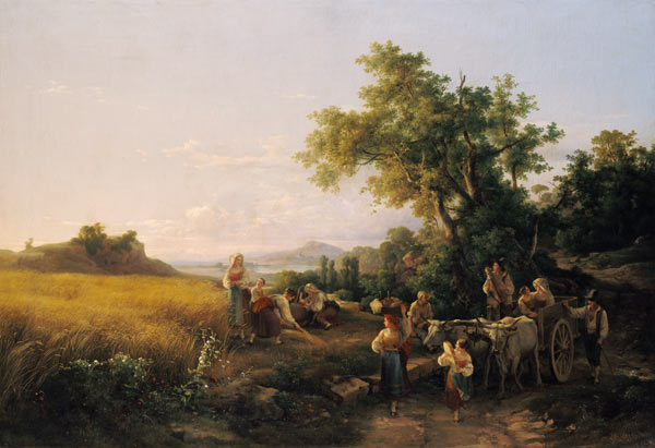 Italienische Landschaft mit Ochsenwagen während der Kornernte from Károly Markó