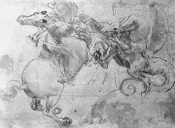 Battle between a Rider and a Dragon, c.1482 (stylus underdrawing, pen and brush on paper) from Leonardo da Vinci