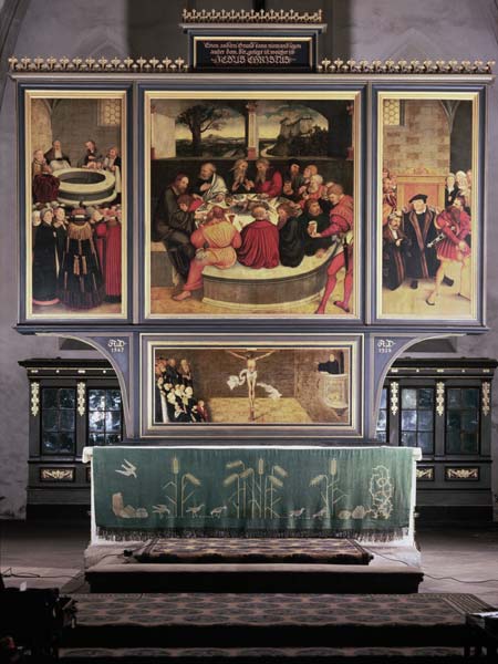 Altar with a Triptych depicting: left panel, Philipp Melanchthon (1497-1560) performing a baptism as from Lucas Cranach d. Ä.