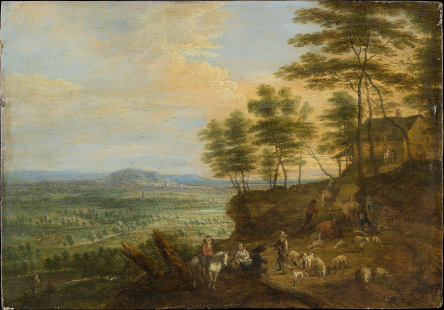 Landschaft mit Viehherde vor tiefem Landschaftsausblick from Lucas van Uden