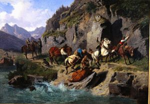 Treidelknechte mit Pferden beim Schleppen von Lastkähnen (Inn) from Ludwig von Hartmann