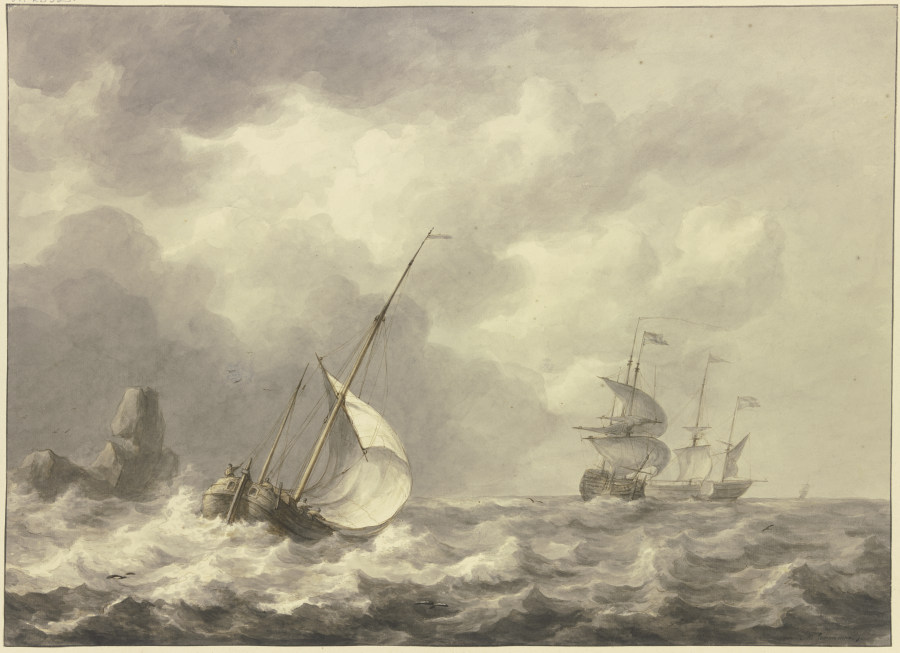 Drei Schiffe und Boot nach rechts, viertes Boot ist in die Brandung eines Felsens geraten. from Martinus Schouman