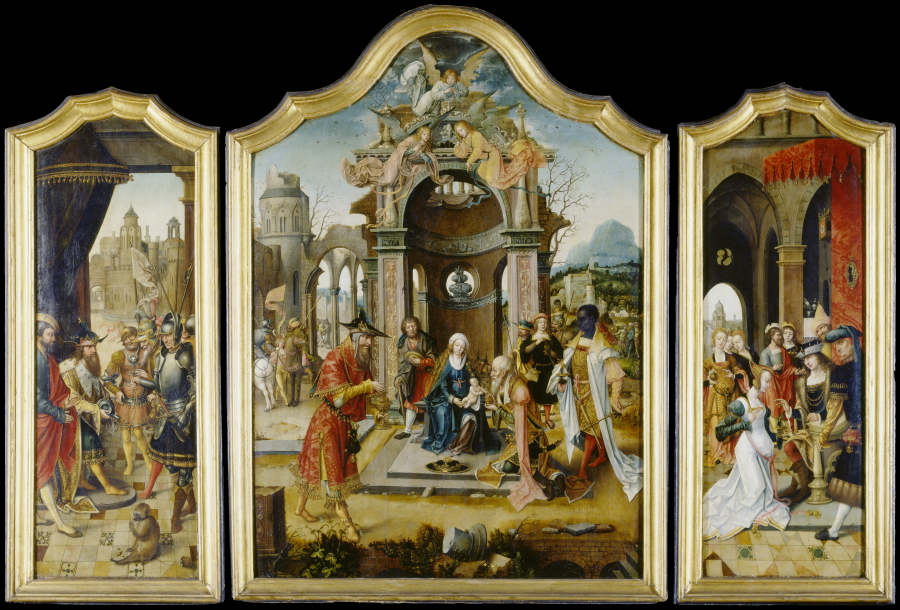 Triptychon mit der Anbetung der Heiligen Drei Könige, David mit dem Wasser aus Bethlehem und der Kön from Meister der von Grooteschen Anbetung
