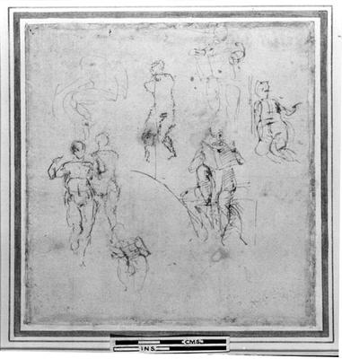 Figure studies for the Lunettes of the Sistene Chapel Ceiling, c.1511 (pen & black chalk on paper) from Michelangelo (Buonarroti)