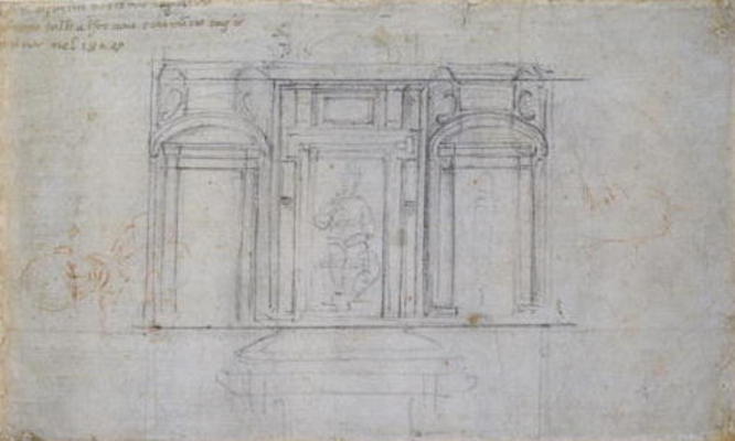 Study of the Upper Level of the Medici Tomb, 1520/1 (black & red chalk on paper) from Michelangelo (Buonarroti)